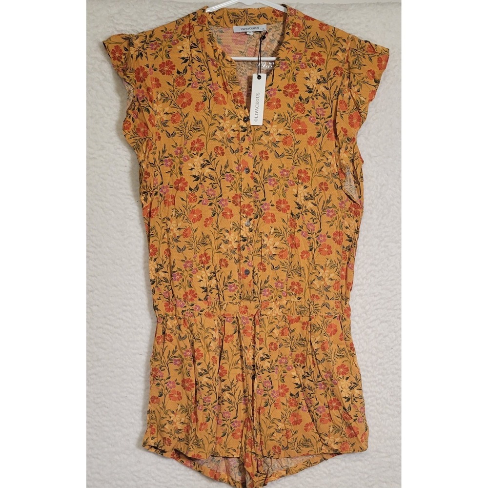 Olivaceous Womens Romper Size S Floral Yellow Cap Sleeve NEW NWT Button 1703